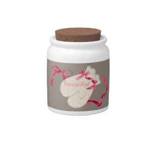Elegant winter mitten ribbon lace pink cream candy jar