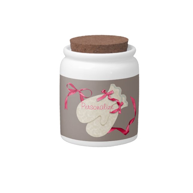 Elegant winter mitten ribbon lace pink cream candy jar (Front)