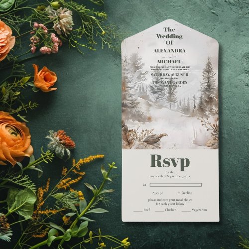 Elegant Winter Mountain Forest Wedding All In One Invitation