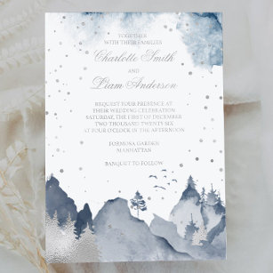 Elegant Winter Mountain Forest Wedding Silver Foil Foil Invitation