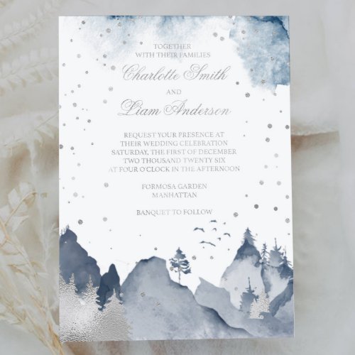 Elegant Winter Mountain Forest Wedding Silver Foil Foil Invitation