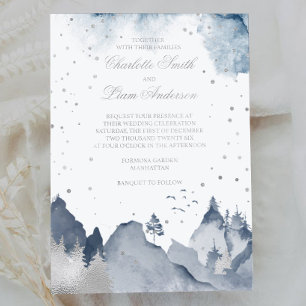 Elegant Winter Mountain Forest Wedding Silver Foil Invitation