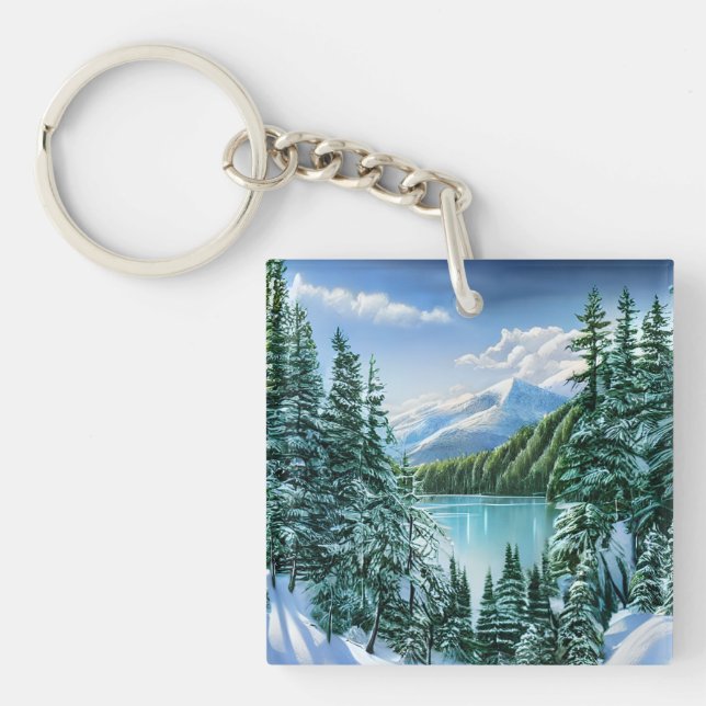 Elegant Winter Mountain Lake Pine Trees Nature  Keychain (Front)
