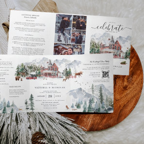 Elegant Winter Mountain Ski Chalet Wedding Tri-Fold Invitation