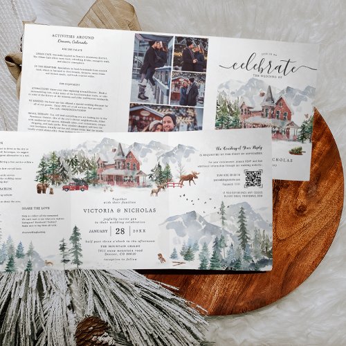 Elegant Winter Mountain Ski Chalet Wedding Tri_Fold Invitation