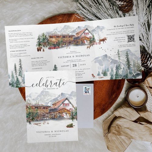 Elegant Winter Mountain Ski Chalet Wedding Tri_Fold Invitation