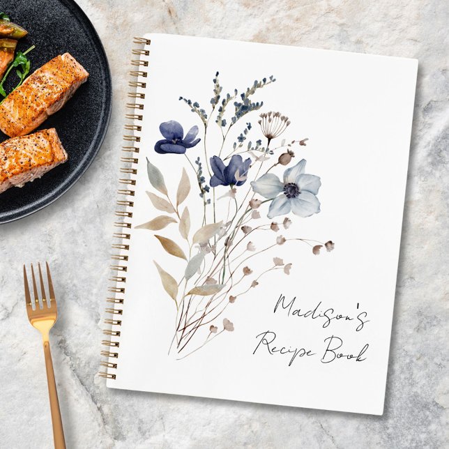 Elegant Winter Navy Blue Flower Floral Recipe Book (In situ)