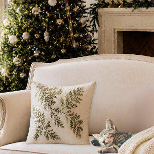 Elegant Winter Neutral Pine Sprig Botanical Throw Pillow