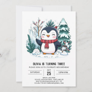 Elegant Winter Penguin Digital Birthday Invitation