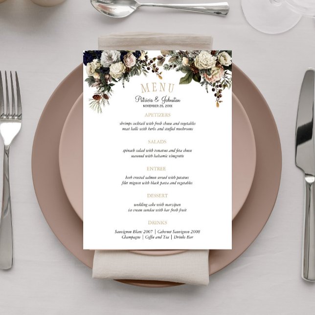 Elegant winter peonies and foliage wedding menu (Creator Uploaded)