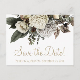 Elegant winter peonies gold save date wedding announcement postcard