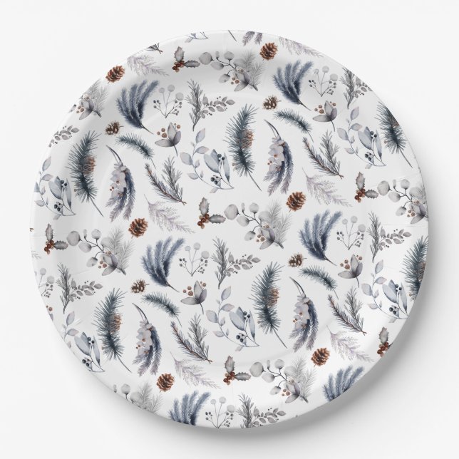Elegant Winter Pine Botanicals Holiday Paper Plates (Front)