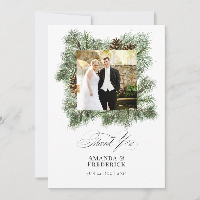 Elegant Winter Pine Christmas Wedding Photo Thank You Card (Front)