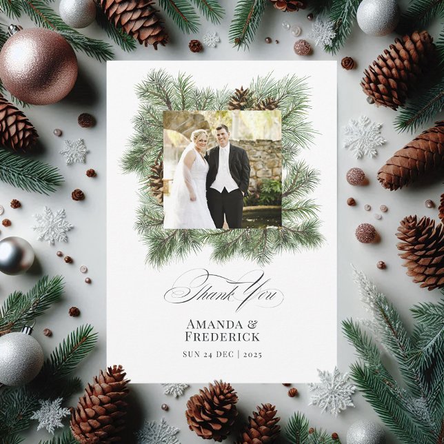 Elegant Winter Pine Christmas Wedding Photo Thank You Card (Elegant Winter Pine Christmas Wedding Photo Thank You Card)