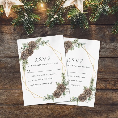 Elegant Winter Pine Cone Greenery Wedding RSVP Card