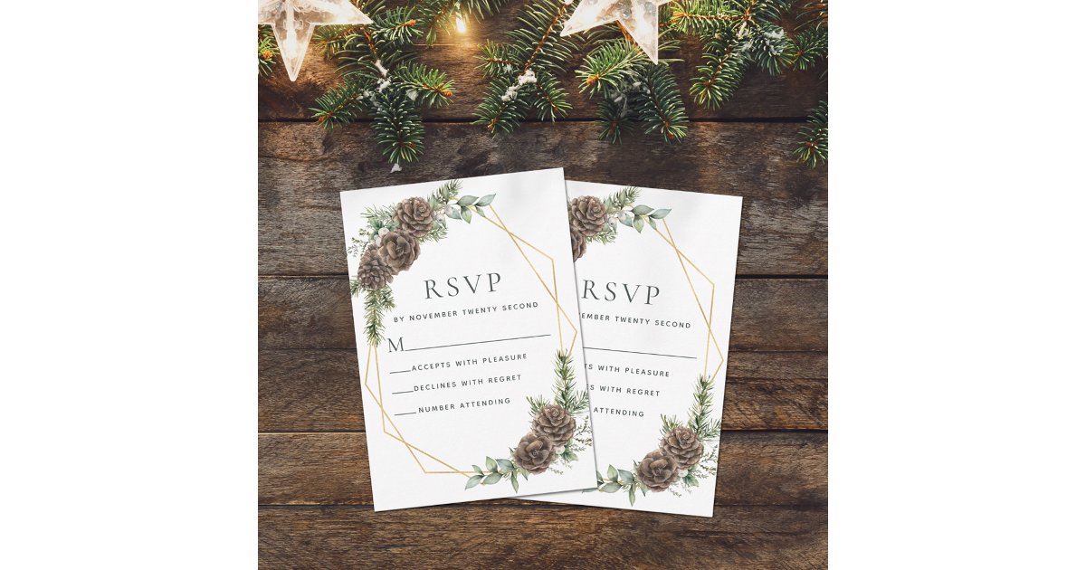 Elegant Winter Pine Cone Greenery Wedding RSVP Card | Zazzle
