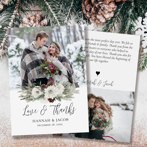 Elegant Winter Pine Cone Wedding Photo Thank You Card