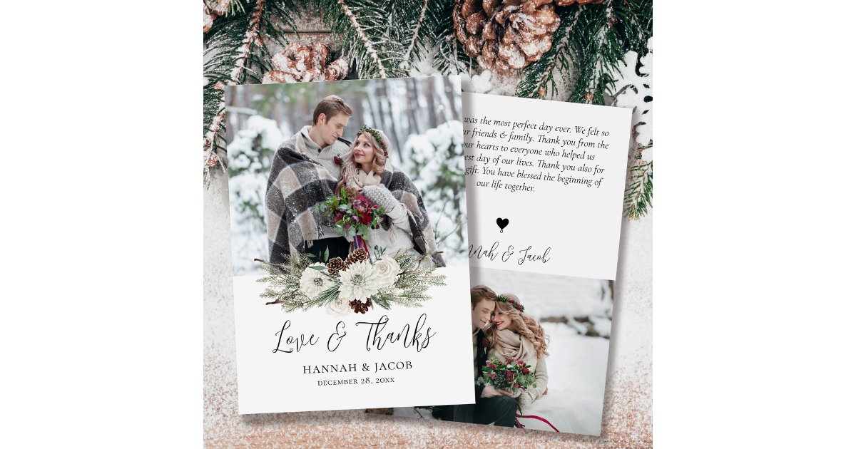 Elegant Winter Pine Cone Wedding Photo Thank You Card | Zazzle
