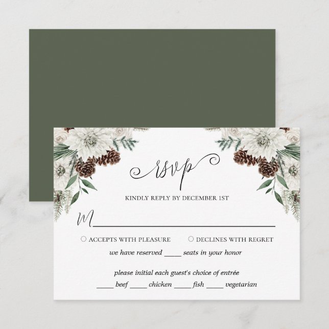 Elegant Winter Pine Cone Wedding RSVP Card (Front/Back)