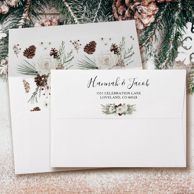 Elegant Winter Pine Floral Wedding Return Address Envelope (Creator Uploaded)