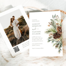 Elegant Winter Pine Greenery QR Code Photo Wedding