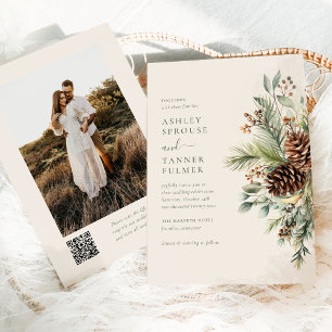 Elegant Winter Pine Greenery QR Code Photo Wedding Invitation