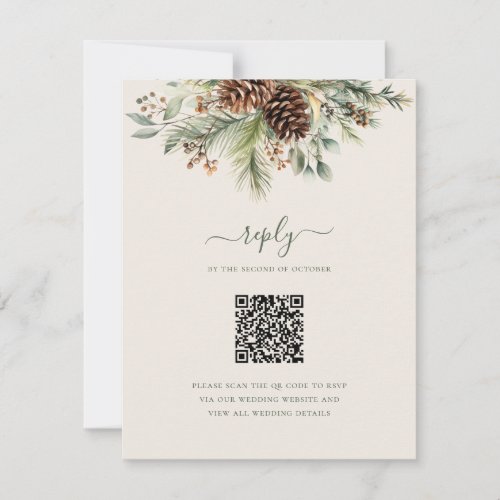 Elegant Winter Pine Greenery QR Code Wedding RSVP Card