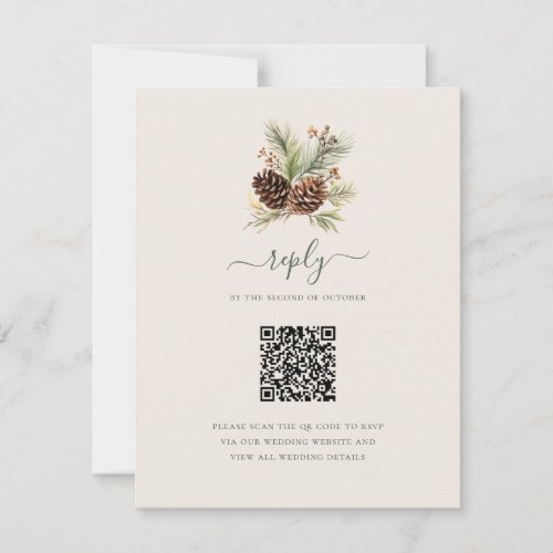 Elegant Winter Pine Greenery QR Code Wedding RSVP Card