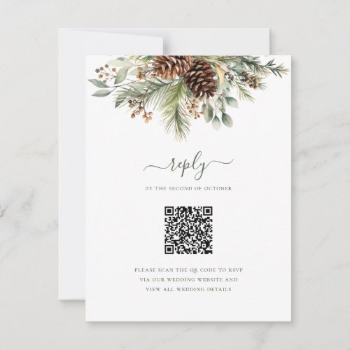 Elegant Winter Pine Greenery QR Code Wedding RSVP Card