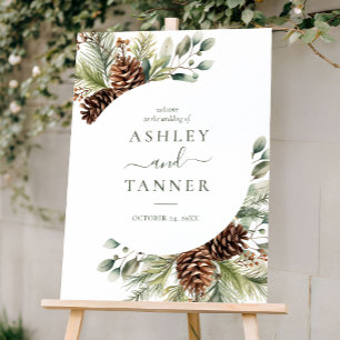 Elegant Winter Pine Greenery Wedding Welcome Sign