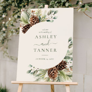 Elegant Winter Pine Greenery Wedding Welcome Sign