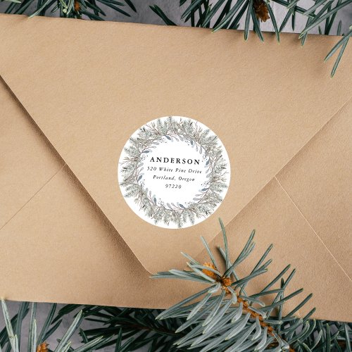 Elegant Winter Pine Holiday Return Address Classic Round Sticker