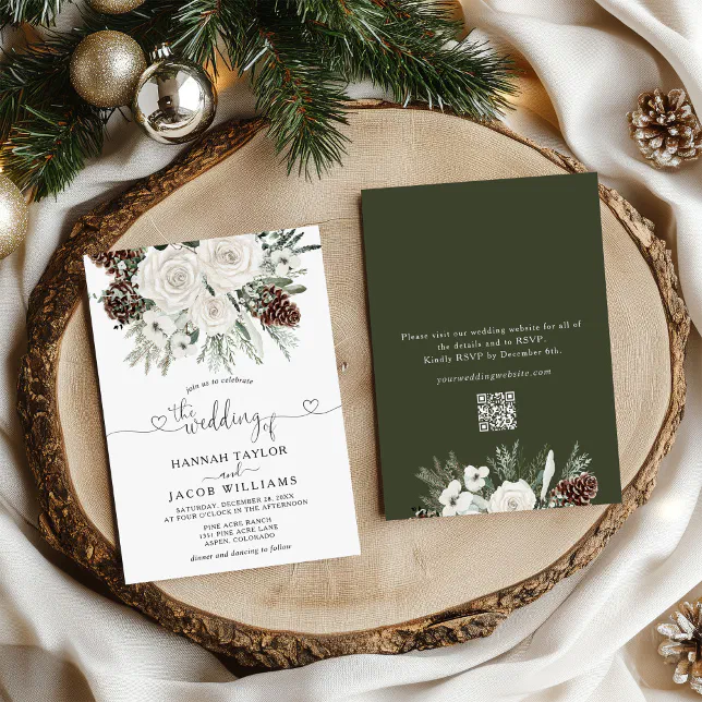 Elegant Winter Pine QR Code RSVP Wedding Invitation | Zazzle