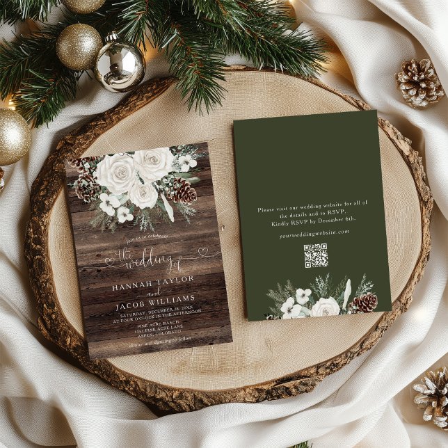 Elegant Winter Pine QR Code RSVP Wedding Invitation (Creator Uploaded)