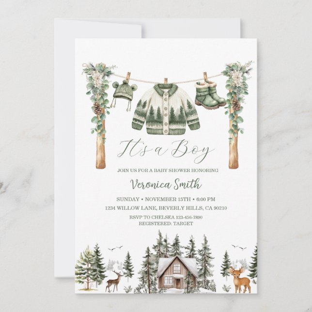 Elegant Winter Pine Tree Clothes Line Baby Shower Invitation (Front)