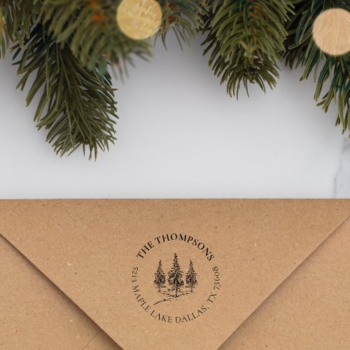 Elegant Winter Pine_trees Custom Family Address Rubber Stamp