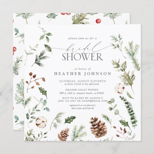 Elegant Winter Pine Watercolor Bridal Shower Invitation