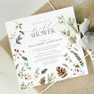 Elegant Winter Pine Watercolor Bridal Shower Invitation