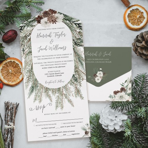 Elegant Winter Pine Wedding with RSVP All In One Invitation