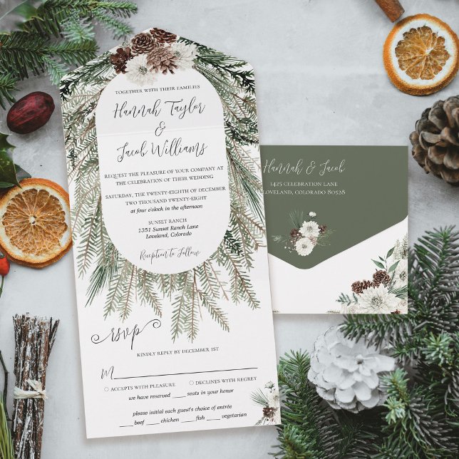 Elegant Winter Pine Wedding with RSVP All In One Invitation (Creator Uploaded)