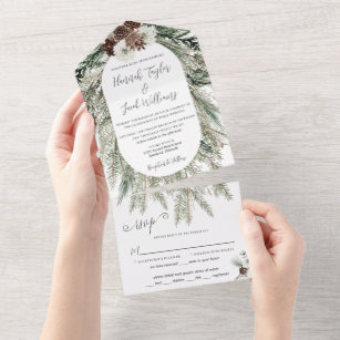 Elegant Winter Pine Wedding with RSVP All In One Invitation