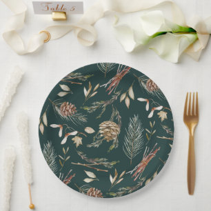 Elegant Winter Pinecones and Evergreen Paper Plates