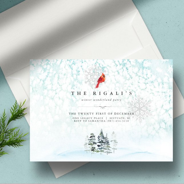 Elegant Winter Pines Christmas Watercolor Invitation (Christmas invitations watercolor winter pine trees and cardinal blue snowy scene)