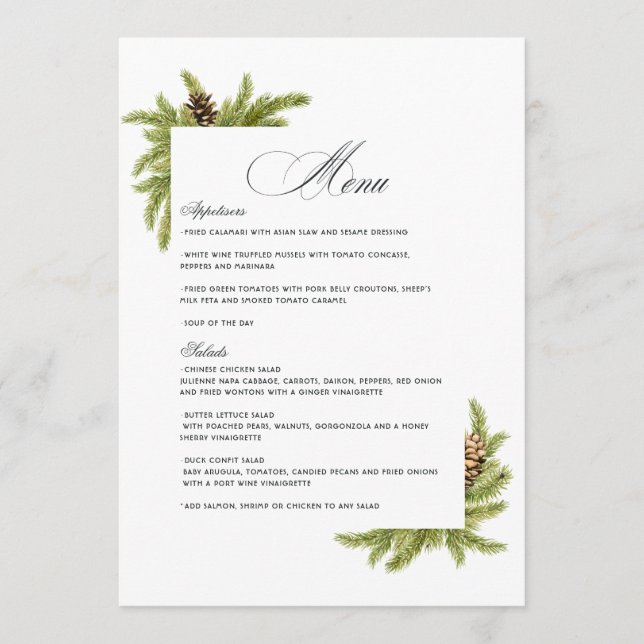 Elegant Winter Pines Christmas Wedding Charm Menu (Front)