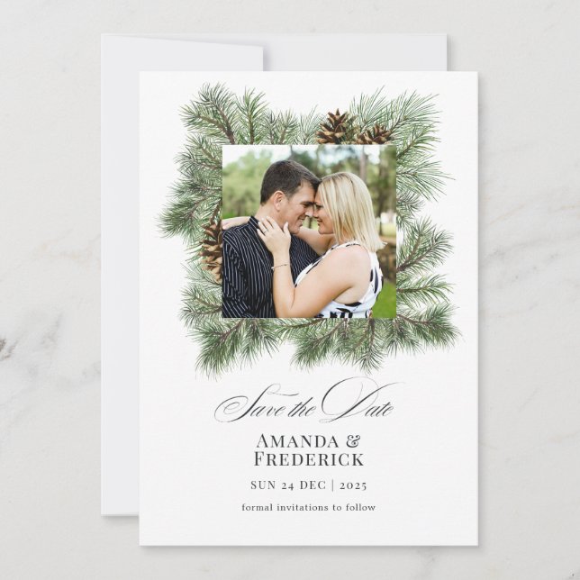 Elegant Winter Pines Christmas Wedding Photo Save The Date (Front)