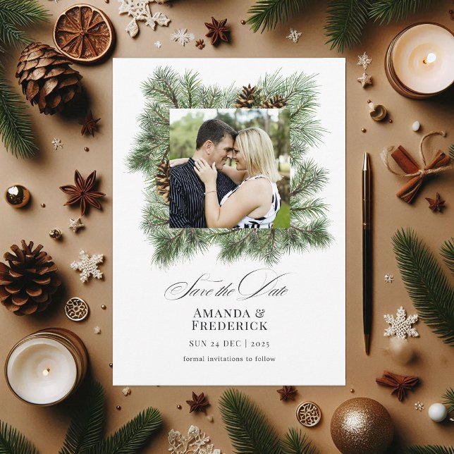 Elegant Winter Pines Christmas Wedding Photo Save The Date (Elegant Winter Pines Christmas Wedding Photo Save The Date)