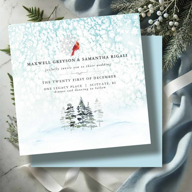 Elegant Winter Pines Mountain Wedding Invitation (Mountain wedding invitations elegant wintery scene with pine trees and a cardinal in shades of blue)