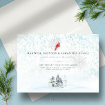 Elegant Winter Pines Watercolor Wedding Invitation<br><div class="desc">This elegant winter wedding invitation features watercolor pine trees with red cardinal on a wintery snowflake background. Personalize with the bride and groom's names and wedding details in a classic serif face typography. The card reverses to a pale complimentary blue. A country choice for your Christmas wedding. This invitation can...</div>