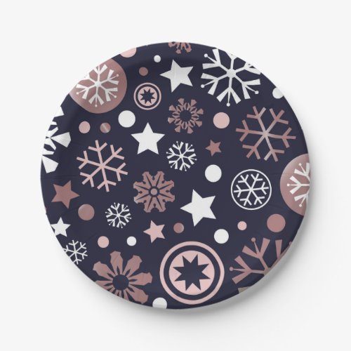 Elegant winter pink metallic snowflakes paper plates