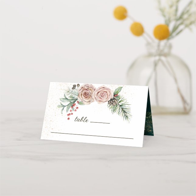 Elegant Winter Pink Roses Red Berries Greenery  Place Card (Front)